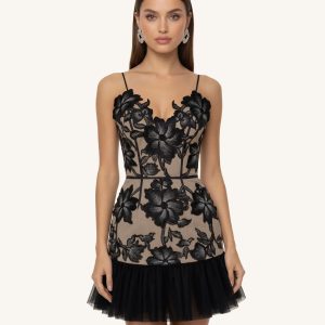 Floral Sling Mini Dress - Black