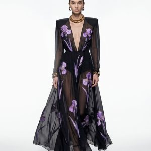 Iris Floral Print Long-Sleeve Sheer Gown - Black/Purple