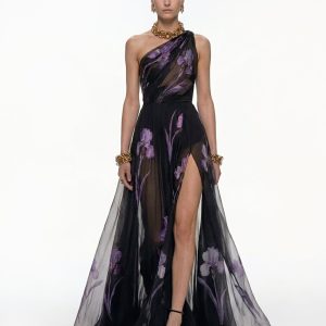 Floral One Shoulder Maxi Dress - Black