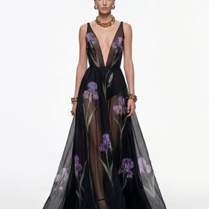 Sheer Floral Print Maxi Dress - Black