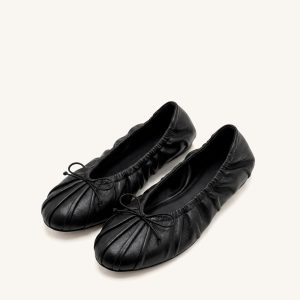 Elara Ruched Drawstring Ballet Flats - Black