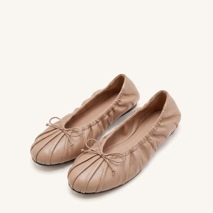Elara Ruched Drawstring Ballet Flats - Khak