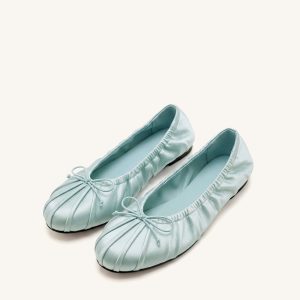 Elara Ruched Drawstring Satin Ballet Flats - Blue