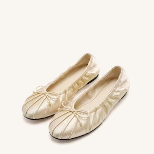 Elara Ruched Drawstring Satin Ballet Flats - Beige