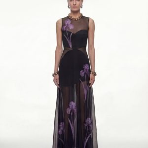 Sheer Floral Print Paneled Maxi Dress - Black