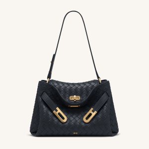 Rhea Woven Texture Double Buckle Shoulder Bag - Navy Blue