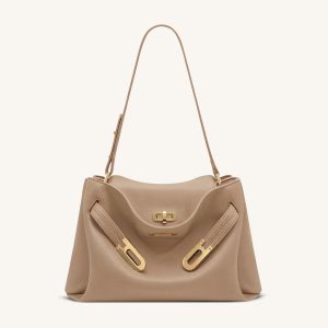 Rhea Pebbled Double Buckle Shoulder Bag - Khaki