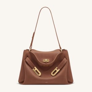 Rhea Pebbled Double Buckle Shoulder Bag - Earth Brown