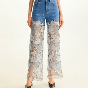 High-Rise Rhinestone Lace Wide-Leg Jeans - Medium Blue