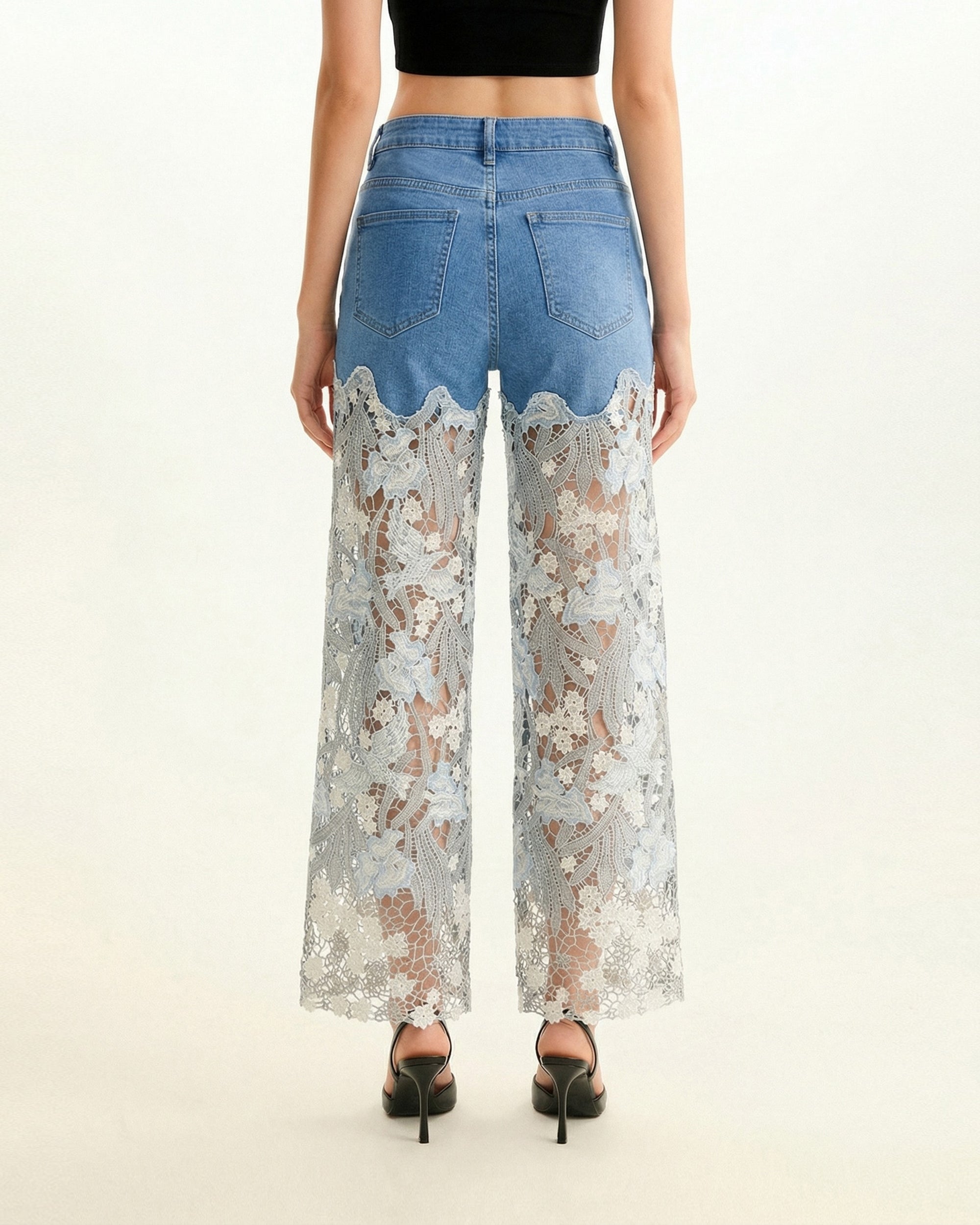 High-Rise Rhinestone Lace Wide-Leg Jeans - Medium Blue - Image 2