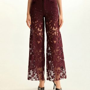 High-Rise Rhinestone Lace Wide-Leg Jeans - Burgundy