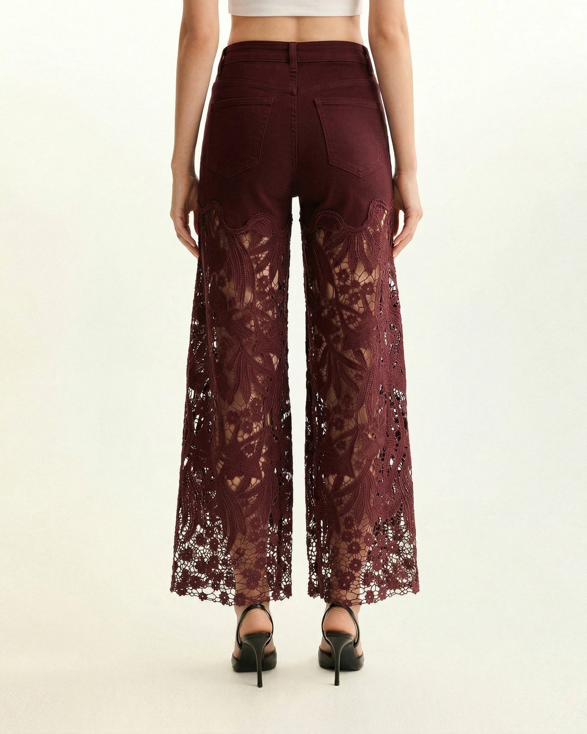 High-Rise Rhinestone Lace Wide-Leg Jeans - Burgundy - Image 2