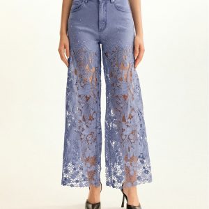 High-Rise Rhinestone Lace Wide-Leg Jeans - Hyacinth