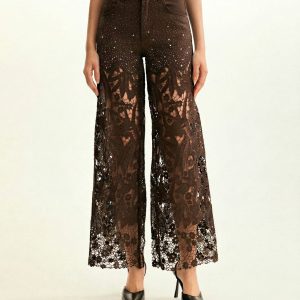 High-Rise Rhinestone Lace Wide-Leg Jeans - Coffee Color