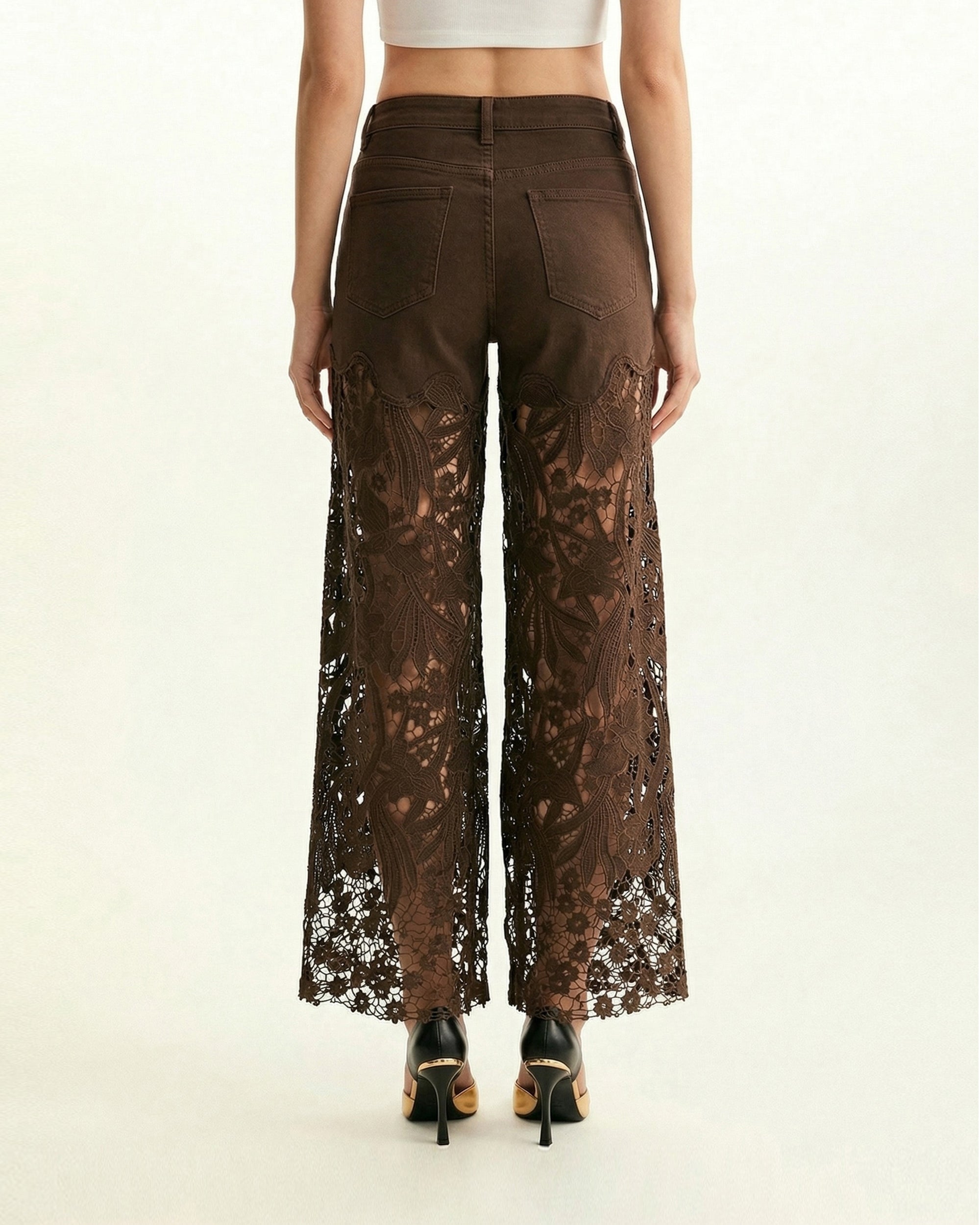 High-Rise Rhinestone Lace Wide-Leg Jeans - Coffee Color - Image 2