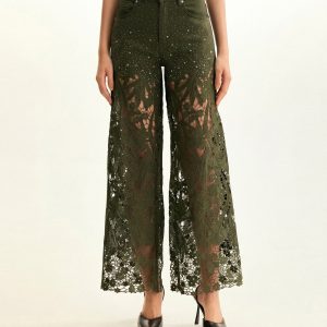 High-Rise Rhinestone Lace Wide-Leg Jeans - Army Green