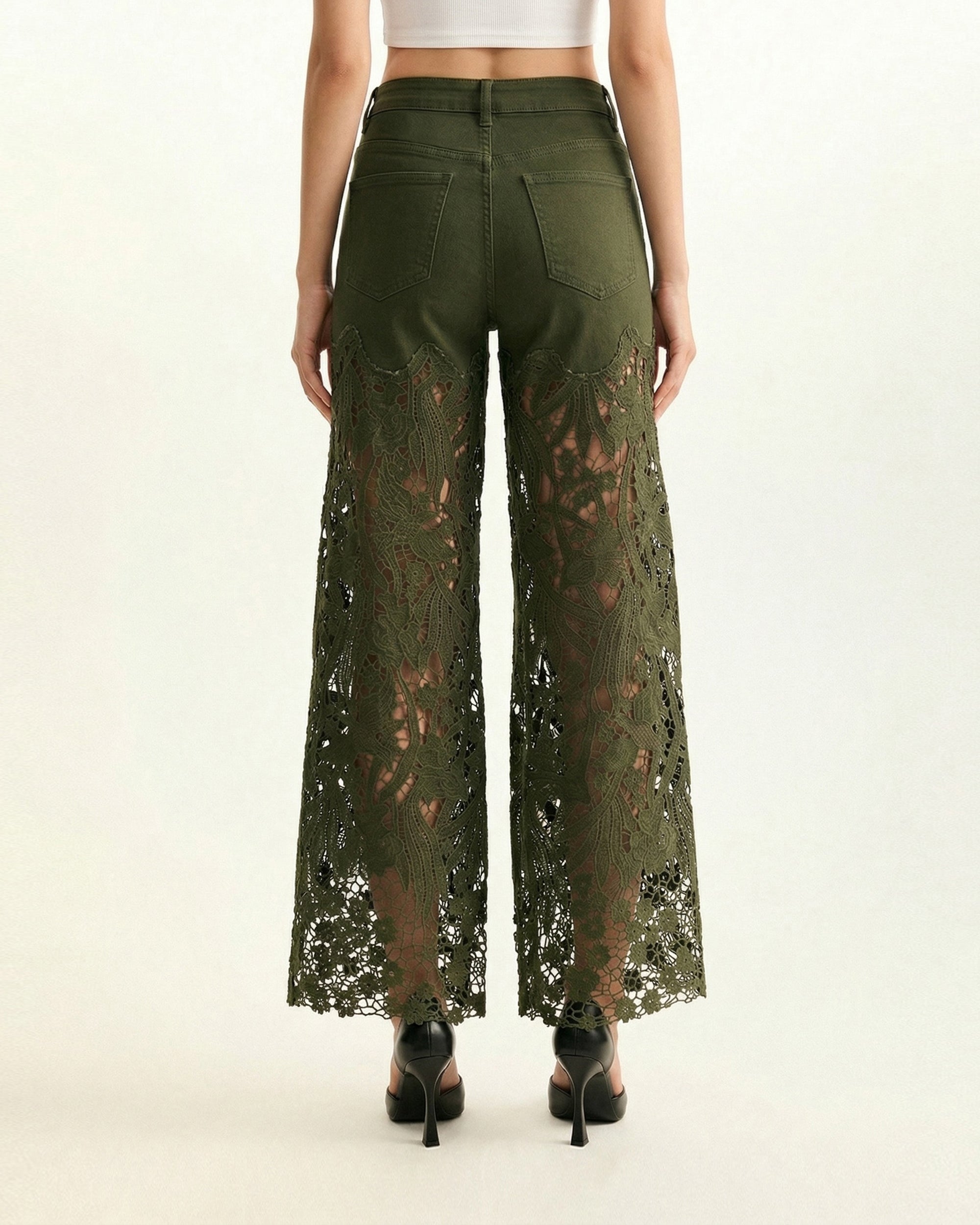 High-Rise Rhinestone Lace Wide-Leg Jeans - Army Green - Image 2