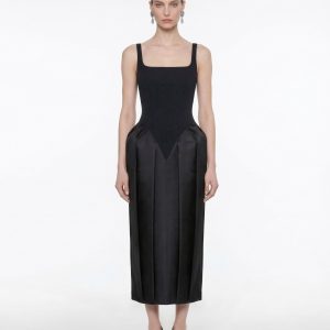 Square Neck Pannier Midi Dress - Black