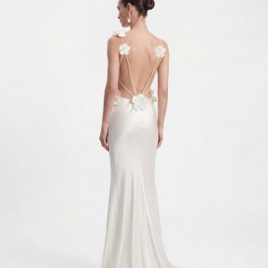 3D Floral Appliqué Satin Dress - White