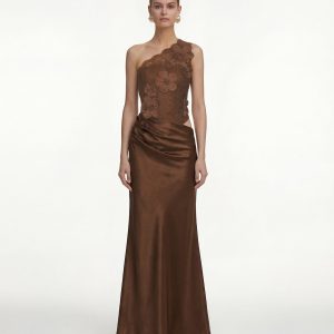 Floral One Shoulder Satin Dress - Brown