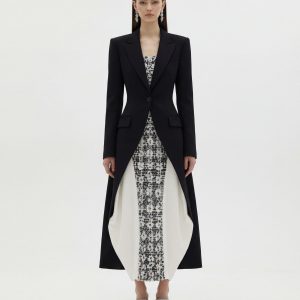 Structured Peak-Lapel Cutaway Maxi Blazer - Black
