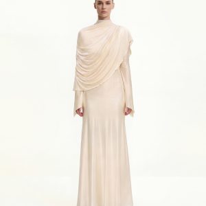 Sheer Shawl Ruched Bodycon Maxi Gown - Cream