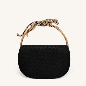 Ione Leopard Shaped Hardware Handle Woven Top Handle Bag - Black