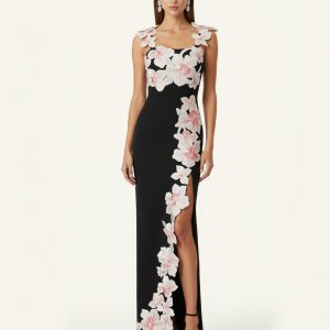 Flower Embroidered Dress - Black/Pink