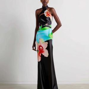 Floral Satin Halter Dress - Multicolor Black