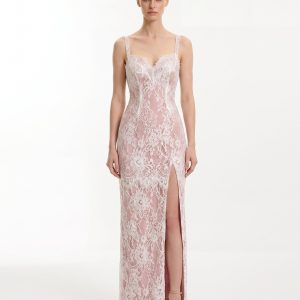 Floral Lace Slit Maxi Dress - Pink White