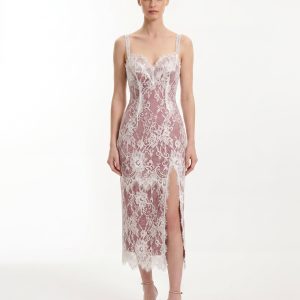 Lace Overlay Slit Dress - White Pink