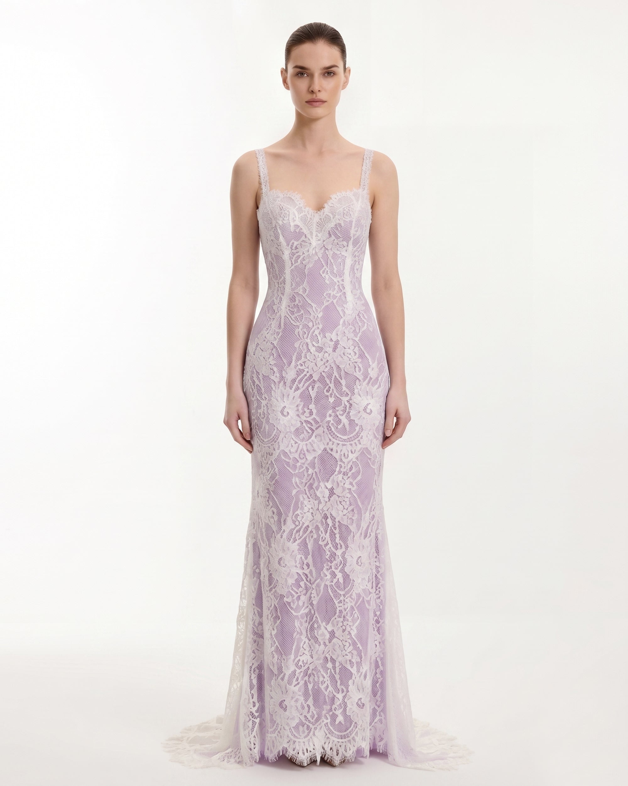 Lace Overlay Formal Dress - Lavender White