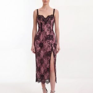 Lace Trim Slit Midi Dress - Pink Black