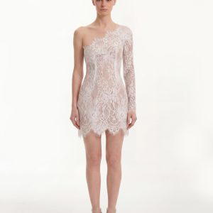 One Shoulder Lace Mini Dress - White