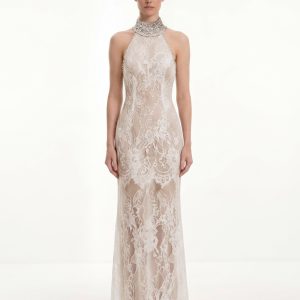 Jeweled Lace Halter Dress - White