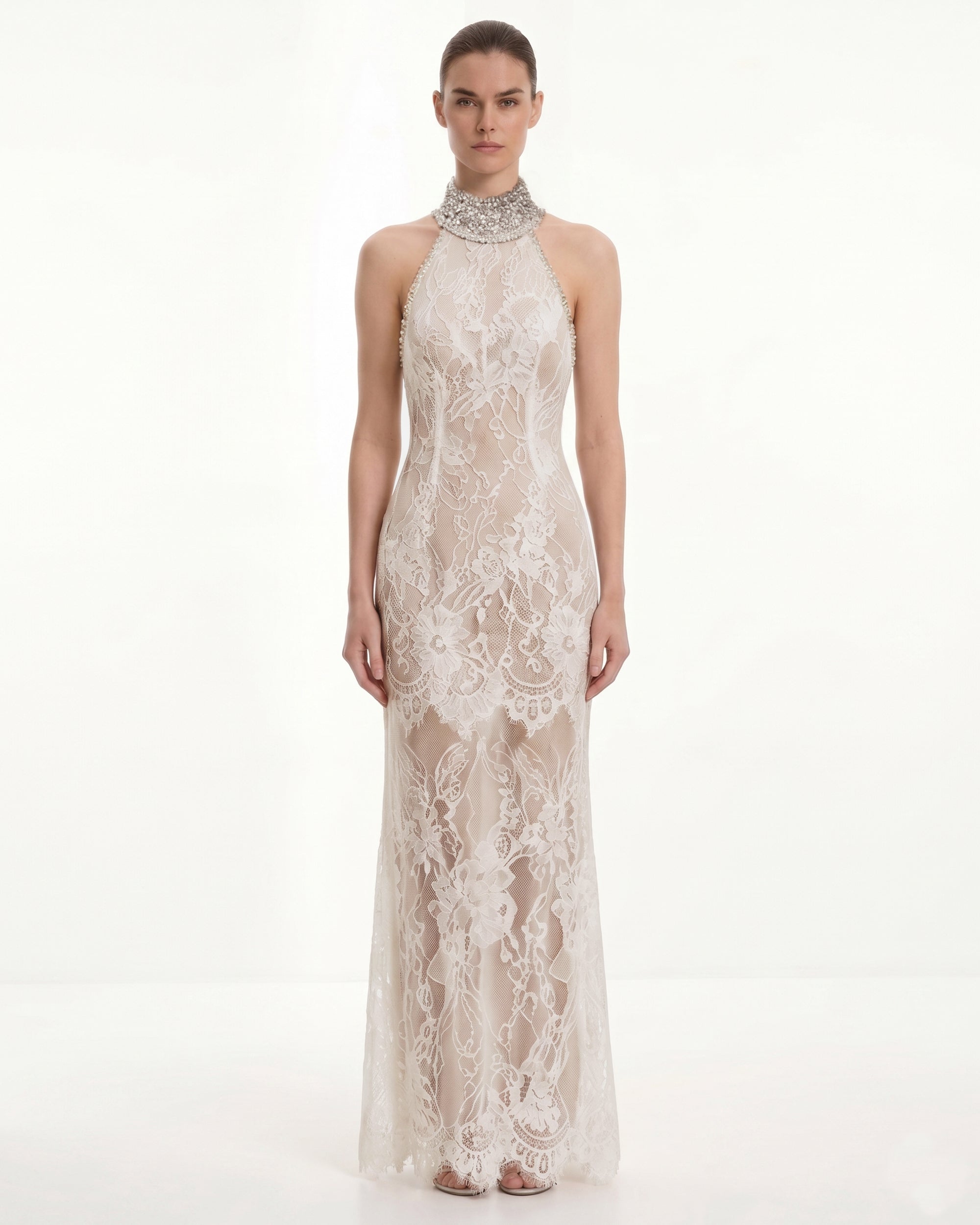 Jeweled Lace Halter Dress - White