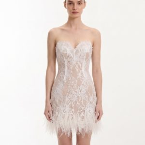 Strapless Lace Feather Trim Mini Dress - White