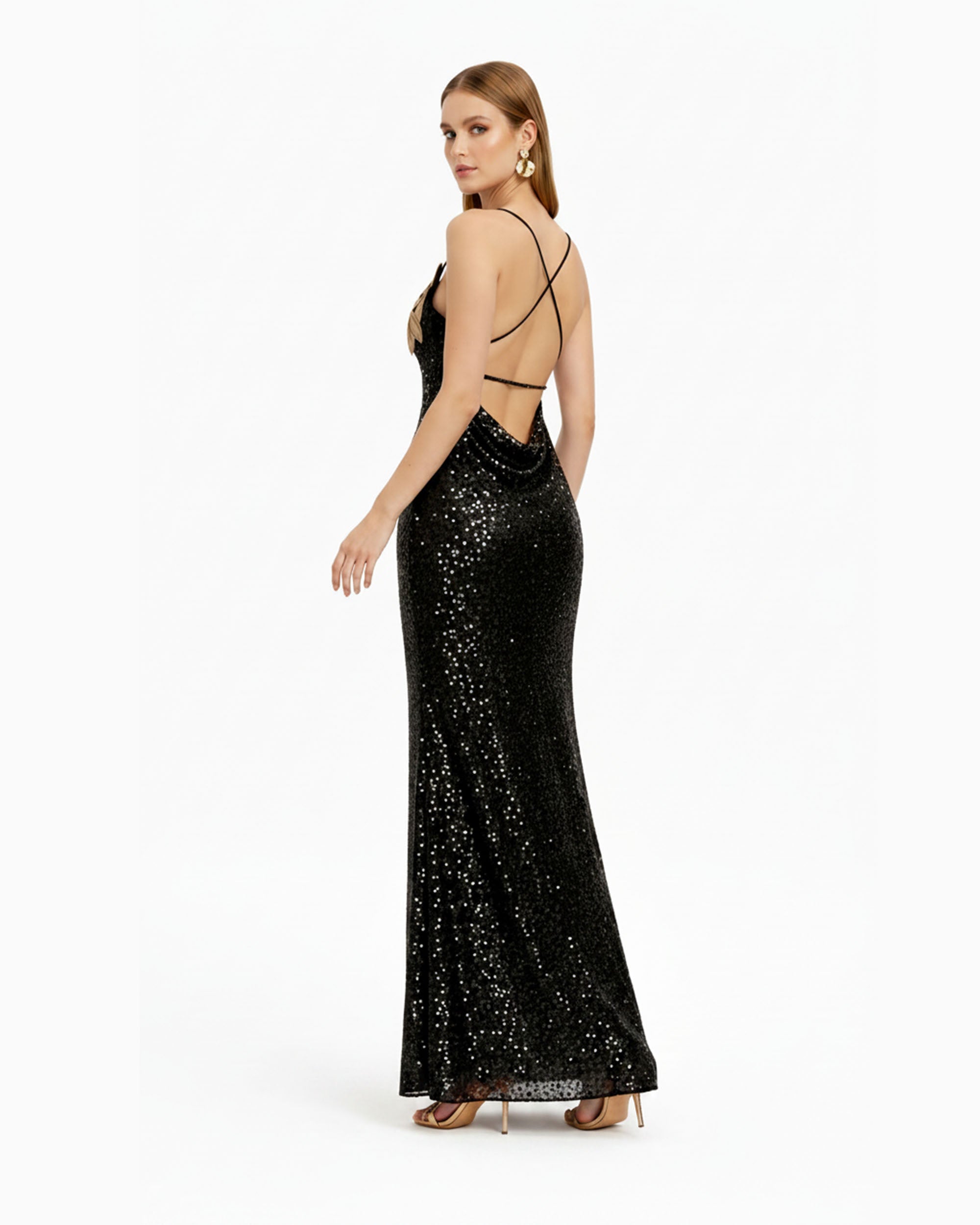 Araminta Sequined Gown with Floral Details - Black/Gold - Image 2