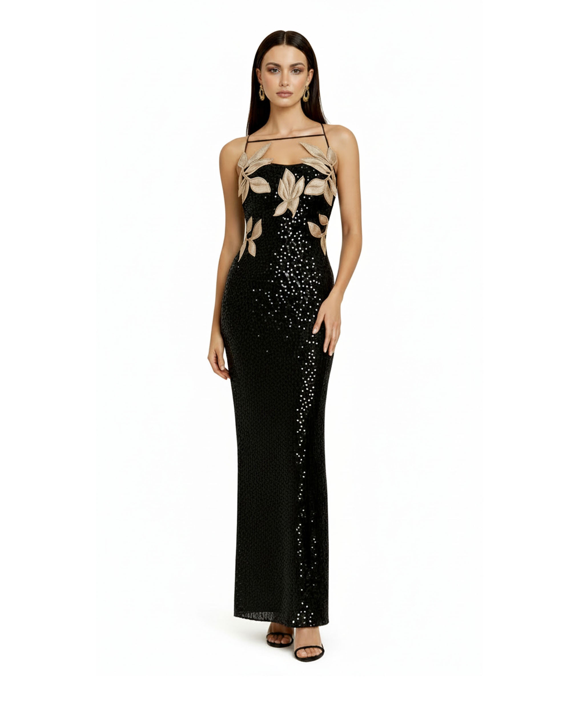 Araminta Sequined Gown with Floral Details - Black/Gold