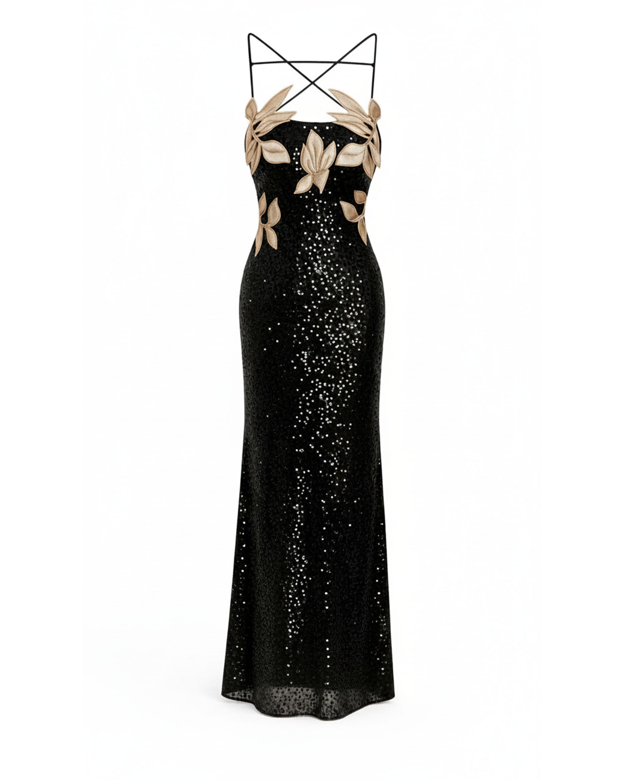 Araminta Sequined Gown with Floral Details - Black/Gold - Image 3