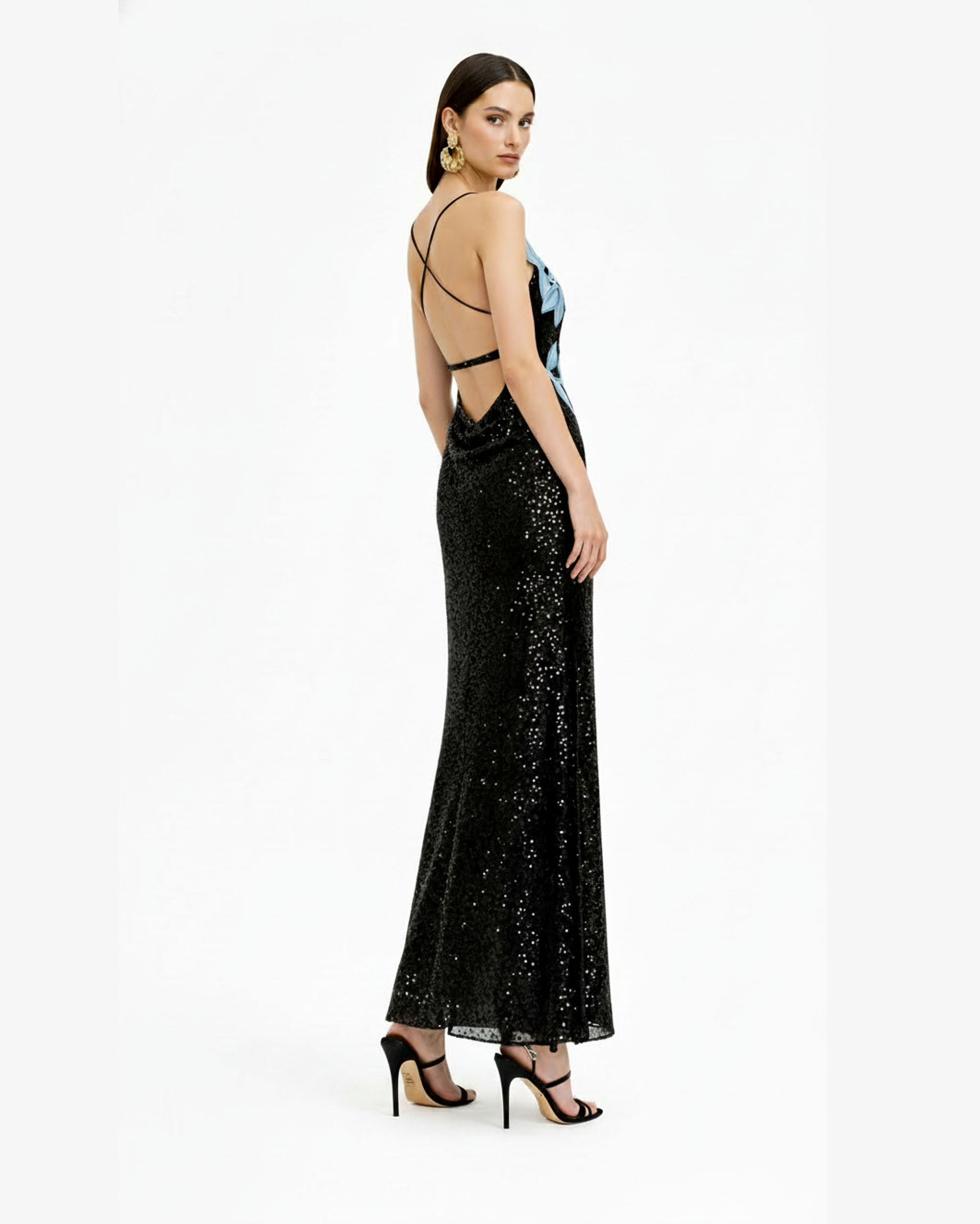 Araminta Sequined Gown with Floral Details - Black/Blue - Image 2