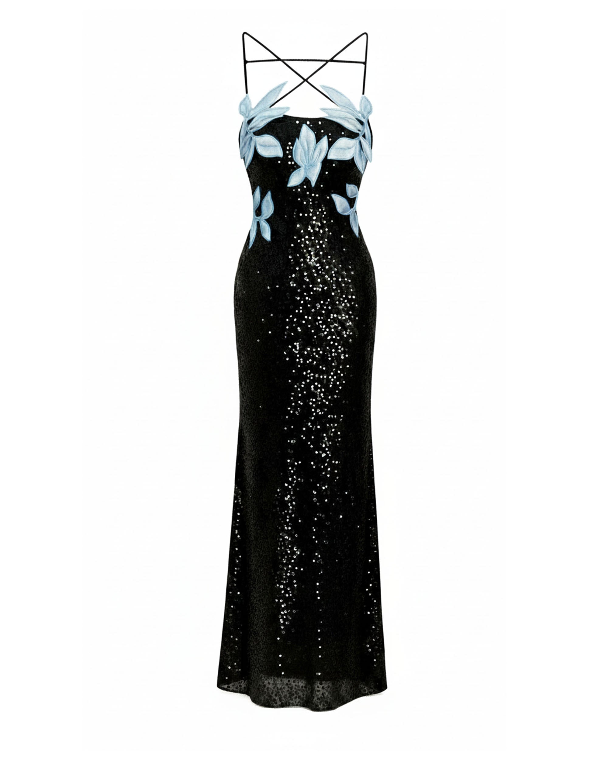 Araminta Sequined Gown with Floral Details - Black/Blue - Image 3