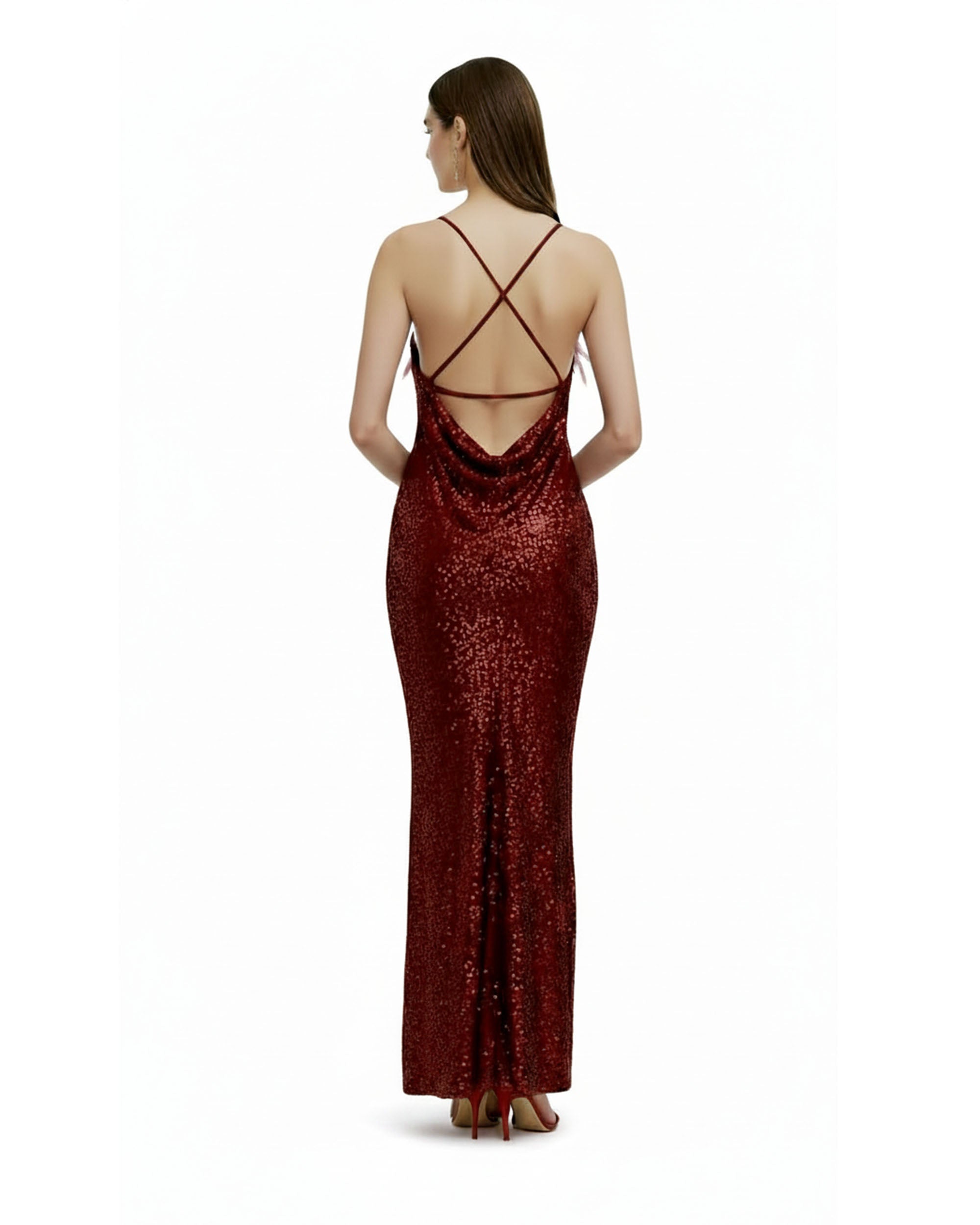 Araminta Sequined Gown with Floral Details - Red/Pink - Image 2
