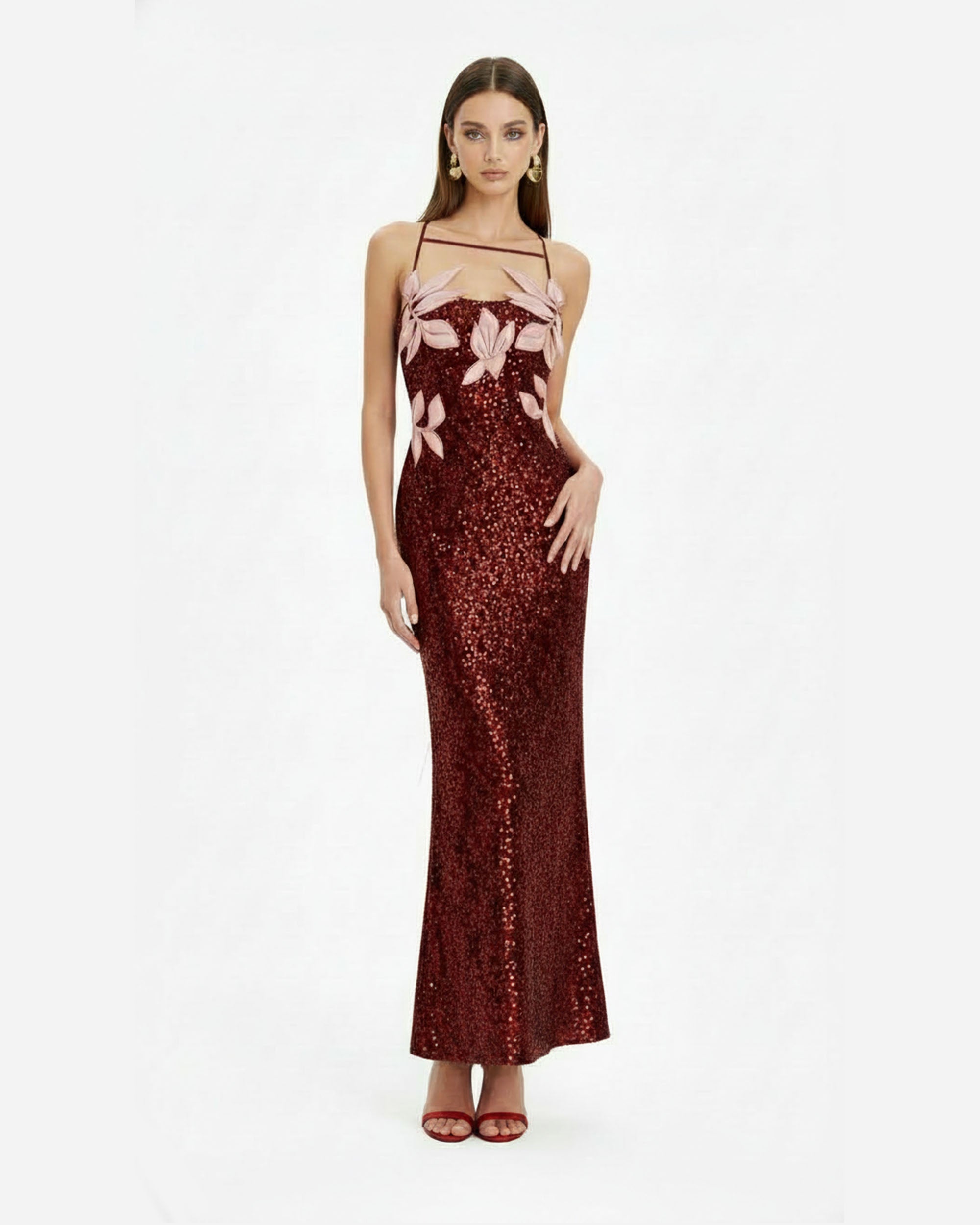 Araminta Sequined Gown with Floral Details - Red/Pink