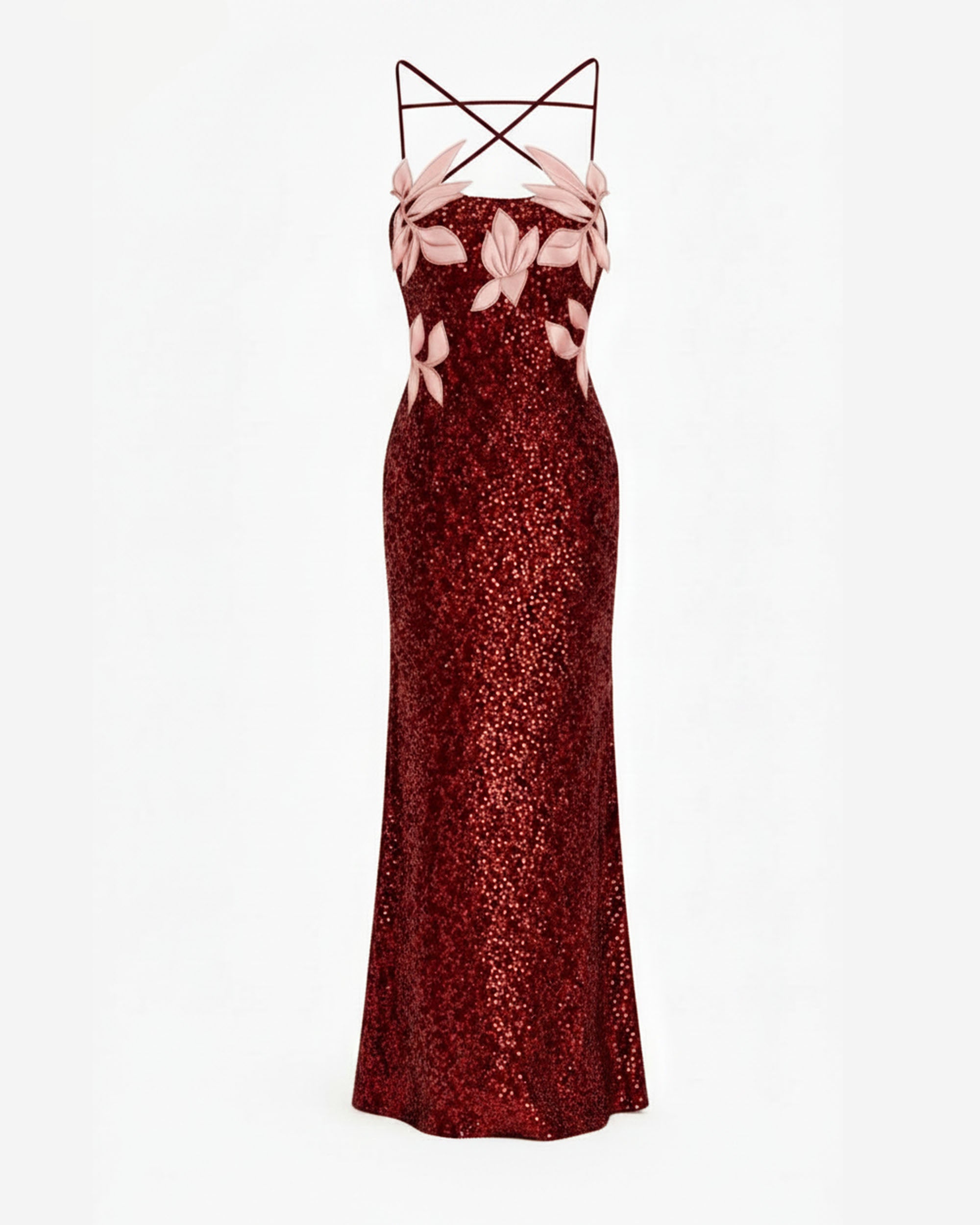 Araminta Sequined Gown with Floral Details - Red/Pink - Image 3