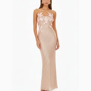 Araminta Sequined Gown with Floral Details - Blush Pink