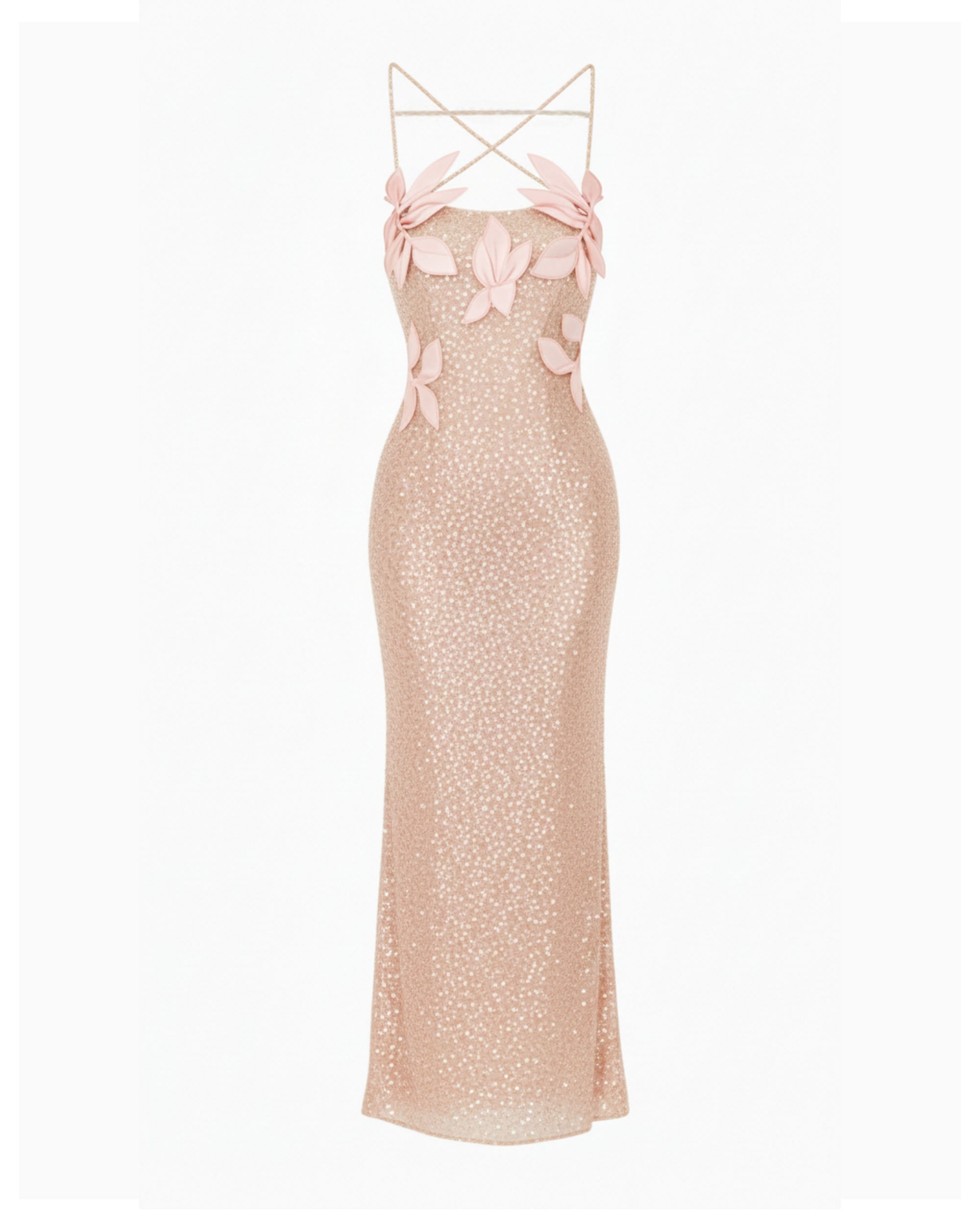 Araminta Sequined Gown with Floral Details - Blush Pink - Image 3