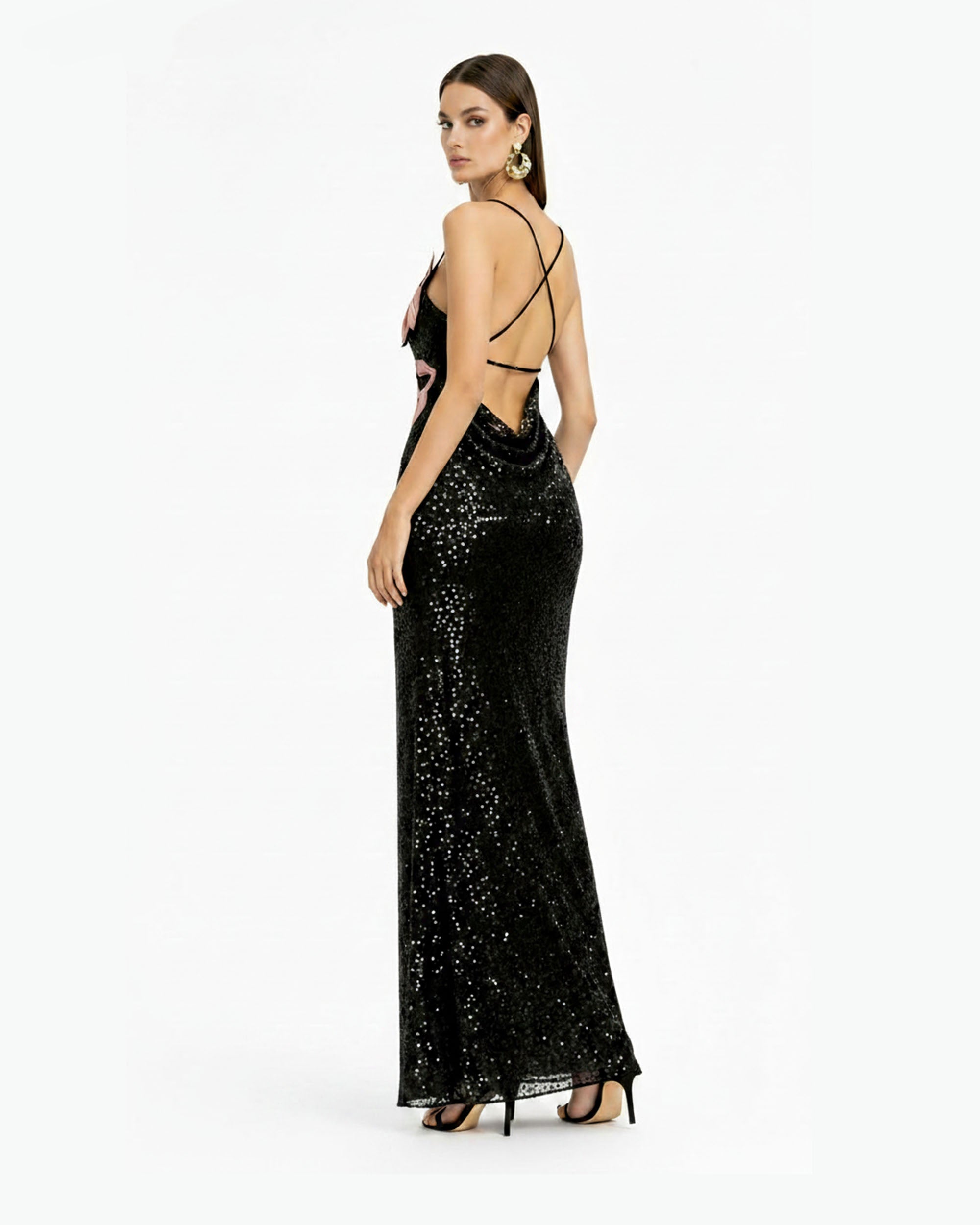 Araminta Sequined Gown with Floral Details - Black/Pink - Image 2