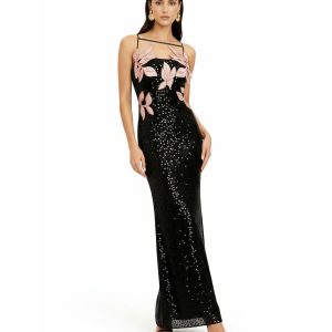 Araminta Sequined Gown with Floral Details - Black/Pink