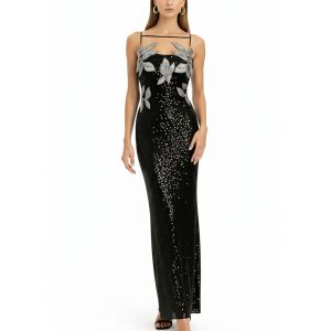 Araminta Sequined Gown with Floral Details - Black/Silver